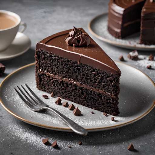 A slice of chocolate cake with a chocolate drizzle on top sits on a white plate next to a silver fork and a cup of coffee.