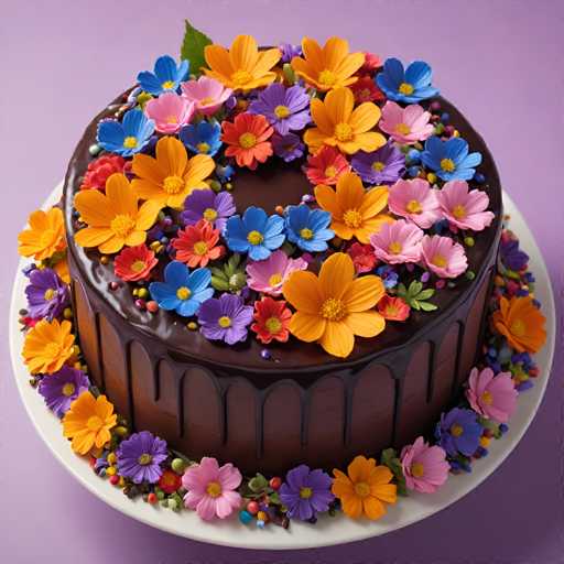 A chocolate cake with a vibrant floral design on top sits on a white plate against a purple background. The cake is adorned with orange and pink flowers, as well as blue and red flowers, creating a visually appealing contrast of colors. The cake has been drizzled with chocolate, adding to its rich appearance.