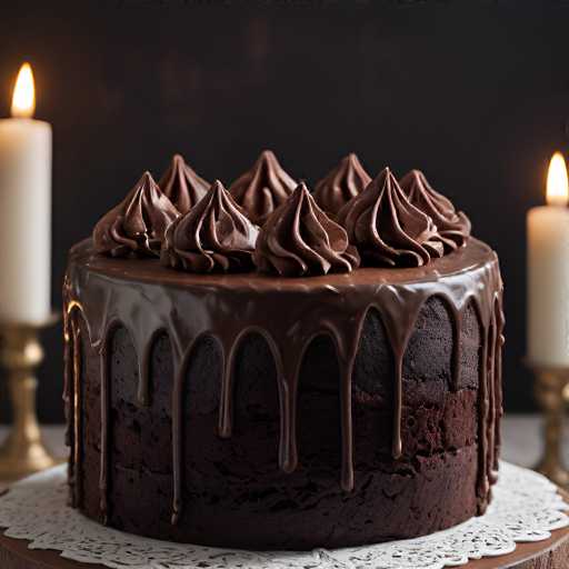 A chocolate cake with six chocolate meringues on top sits on a white doily placed on a wooden table. Two candles stand behind the cake, one on each side.
