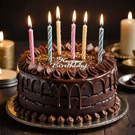 A chocolate birthday cake with six lit candles sits on a silver platter atop a wooden table. The cake is adorned with white and gold frosting and chocolate shavings, creating an elegant presentation. Two candles are placed in the center of the cake, one on each side, casting a warm glow that illuminates the scene. In the background, there are two additional cakes - one with a single candle on top and another with three candles.