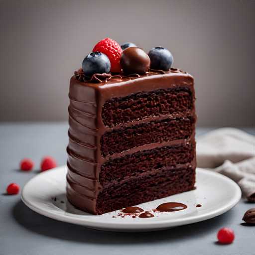 A slice of chocolate cake with a layer of dark chocolate frosting and three layers of rich, dark brown chocolate cake on top rests on a white plate against a gray background. The plate is placed on a table covered in a white cloth, which also holds scattered raspberries and blueberries.
