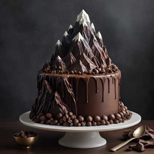 A chocolate cake with a mountain design on top sits on a white cake stand against a dark background. The cake is covered in chocolate and has small mountains made of chocolate chips around the base. To the right of the cake stand are two bowls filled with chocolate pieces.
