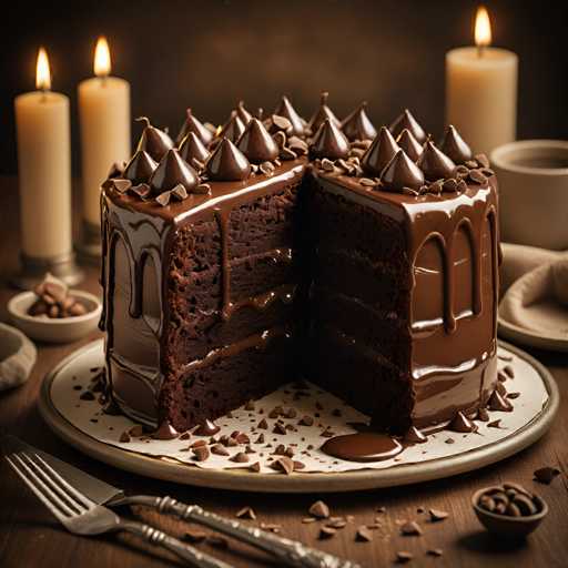 A chocolate cake with three layers and chocolate drips on top sits on a white plate next to two candles. The table is covered with various items including a fork, knife, bowl of nuts, and a cup filled with coffee.