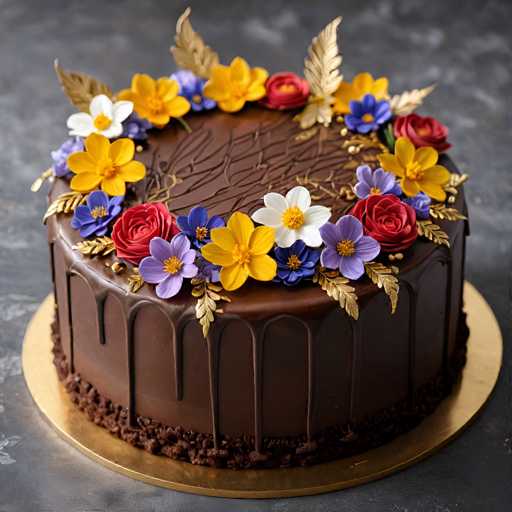 A chocolate cake with a gold drizzle and colorful flowers on top sits on a gold platter against a gray background.