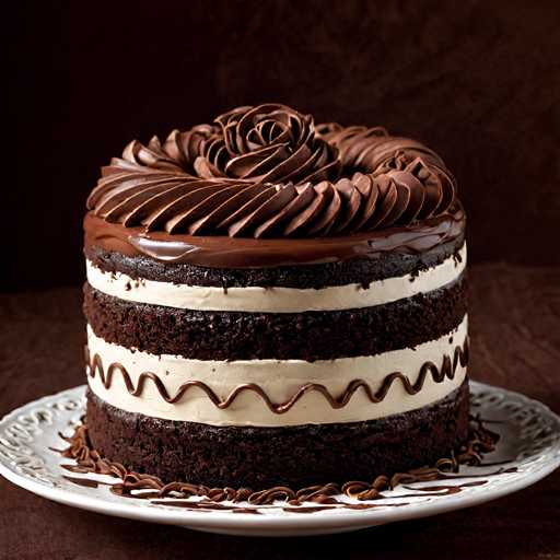 A chocolate cake with white frosting and a chocolate flower on top sits on a white plate against a dark brown background.