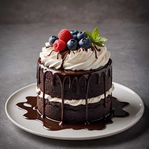 A delicious chocolate cake with white frosting and fresh raspberries on top sits on a white plate against a gray background. The cake is adorned with chocolate drips running down its sides, adding to the visual appeal of the dessert.