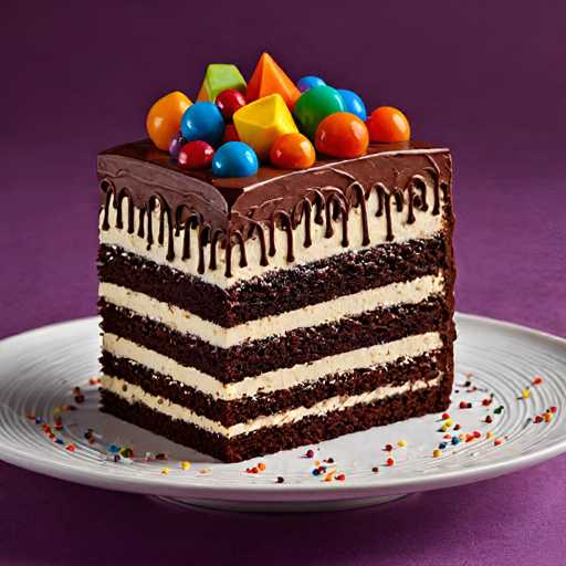 A square piece of chocolate cake with white frosting and colorful candy toppings sits on a white plate against a purple background.