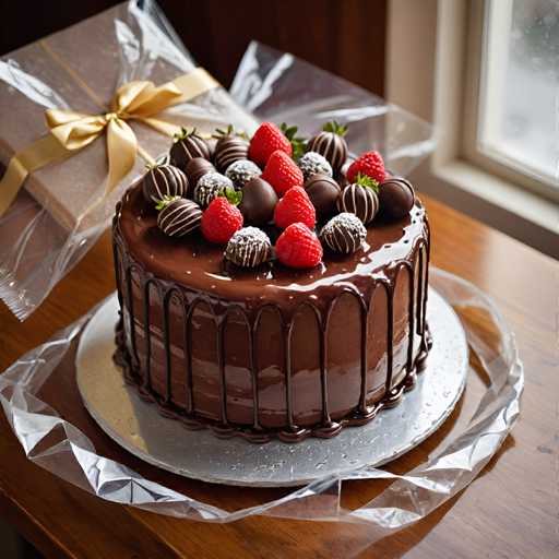 A chocolate cake with red strawberries and chocolate drips sits on a silver platter atop a wooden table. The cake is wrapped in clear plastic, and the background features a window overlooking a garden.
