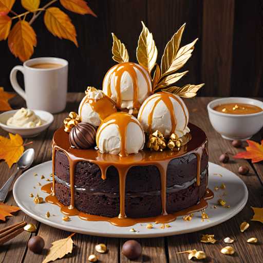 A chocolate cake with caramel sauce and whipped cream on top sits on a white plate against the backdrop of autumn leaves. The cake is adorned with gold-colored sugar flowers that add an elegant touch to its presentation. To the right of the cake, there are two bowls filled with caramel sauce and whipped cream, ready to be drizzled over the cake. A spoon rests nearby, perhaps used for serving the dessert.