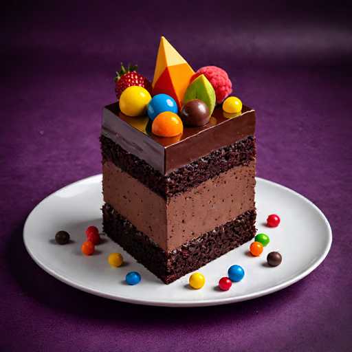 A square piece of chocolate cake with a vibrant geometric design on top sits on a white plate against a purple background. The cake is adorned with colorful candy pieces and fresh fruit, including strawberries, blueberries, and raspberries.
