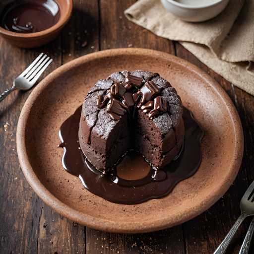 A round plate with a chocolate cake on it and chocolate sauce dripping from the sides. The cake has been cut into four pieces, revealing its moist interior. The plate is placed on a wooden table next to two silver forks and a small bowl of sauce.