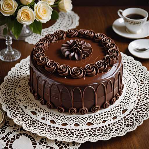 A chocolate cake with a chocolate frosting and a flower decoration sits on a white doily placed on a wooden table. The cake is surrounded by a lace doily and a glass of water. A cup of coffee and a teacup are also present on the table.