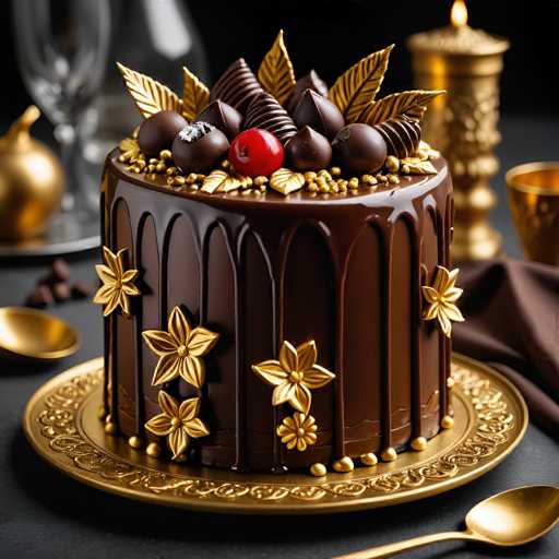A chocolate cake with gold decorations sits on a gold platter atop a black tablecloth. The cake is adorned with gold flowers and leaves, and the top of the cake features a chocolate drizzle that cascades down in a waterfall pattern. A spoon rests next to the cake, and two glasses are visible in the background.