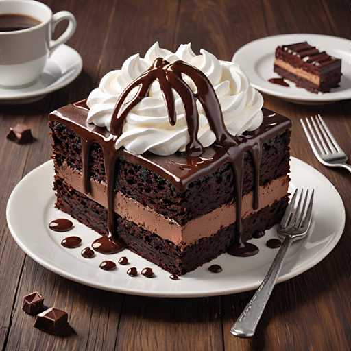 A square piece of chocolate cake with white whipped cream on top sits on a white plate next to two forks and a cup of coffee.