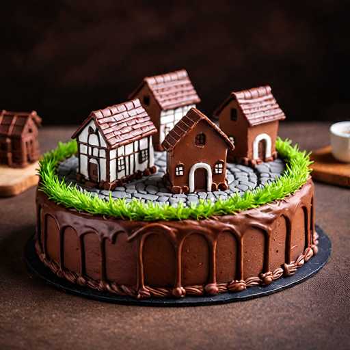 A round chocolate cake sits on a black plate against a dark brown background. The cake is adorned with three small houses made of chocolate and topped with white icing. In the blurred background, there are additional cakes and a cup.