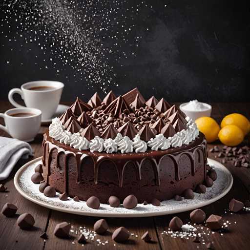 A chocolate cake with white frosting and chocolate shavings sits on a white plate against a dark background. The cake is surrounded by small chocolate pieces scattered around it. Two cups of coffee sit next to the cake, one filled and one empty.