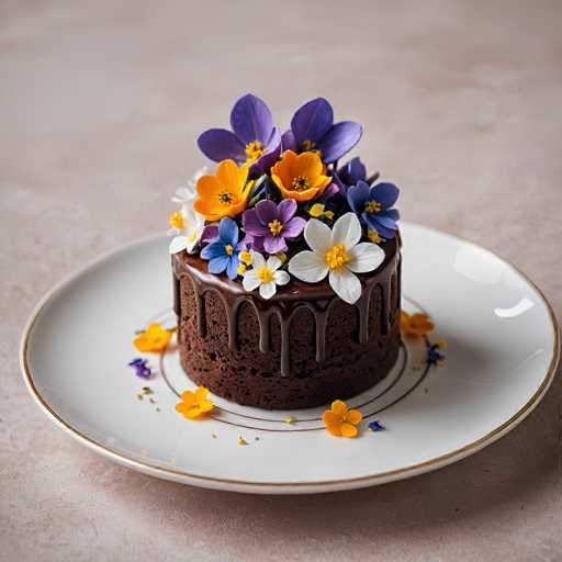 A chocolate cake with white and purple flowers on top sits on a white plate against a light pink background. The plate is placed on a beige tablecloth.