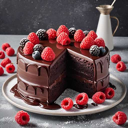 A chocolate cake with raspberries on top sits on a white plate against a black background. The cake has been cut into four equal pieces and is topped with red raspberries. A silver pitcher filled with water stands next to the cake.