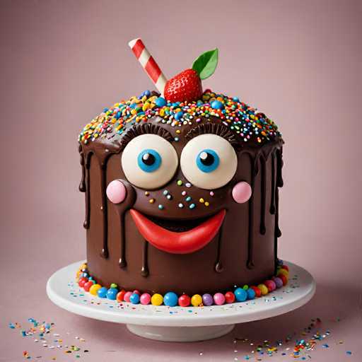 The image shows a chocolate cake with a face made out of frosting and candy toppings on top. The cake is sitting on a white plate against a pink background. The cake has a chocolate base and is topped with red and green candy pieces that give it a playful appearance.