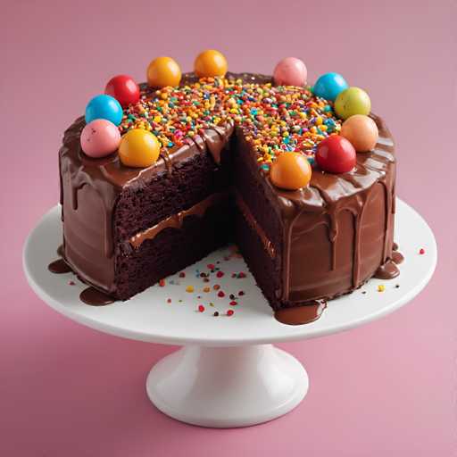 A chocolate cake with a slice cut out and chocolate drips on the plate sits on a white cake stand against a pink background.