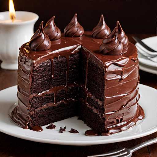A chocolate cake with six chocolate drips on top sits on a white plate on a wooden table. The cake is cut into four equal pieces and one piece has been removed from the center of the cake. To the right of the cake are two forks and a candle.