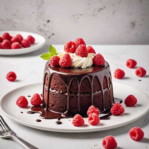 A delicious chocolate cake with white cream on top sits on a white plate, surrounded by red raspberries and a silver fork.