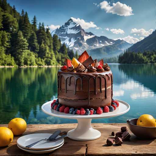 The image shows a chocolate cake on a white cake stand with a mountain backdrop and a lake in the background. The cake is topped with strawberries and raspberries. On either side of the cake stand are two plates filled with fruit - one orange and one lemon. A bowl of chocolate candies sits next to the plate, and a silver knife rests on the table.
