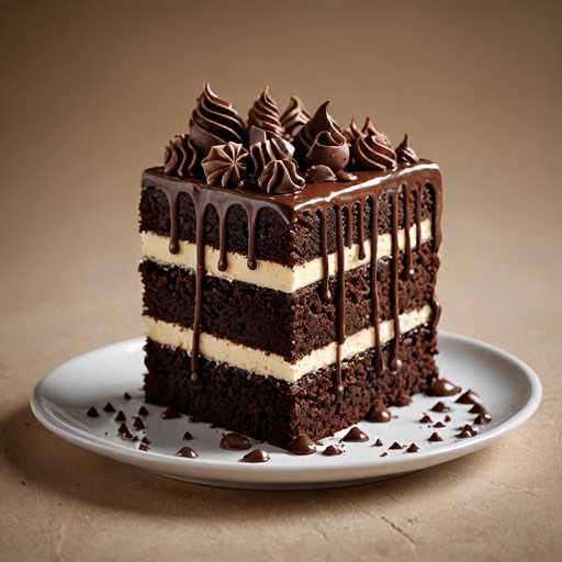A square piece of chocolate cake with white frosting and chocolate drips on a white plate against a brown background.