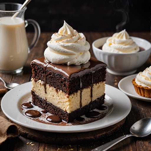 A slice of chocolate cake with white cream on top sits on a plate next to two bowls filled with whipped cream and ice cream. The table is set against a dark background, creating an elegant atmosphere for the dessert presentation.