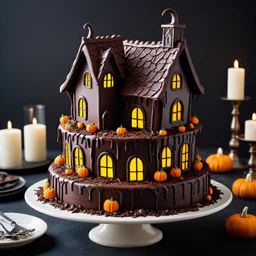 The image shows a chocolate cake on a white plate placed on a black tablecloth. The cake is decorated with small orange pumpkins and lit candles, creating an eerie Halloween atmosphere. In the background, there are two candlesticks and a vase filled with flowers.
