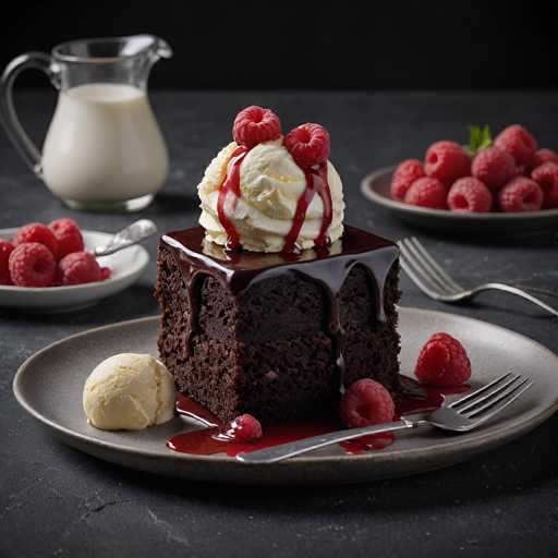 A square piece of chocolate cake with a dollop of whipped cream on top sits on a gray plate next to two small bowls filled with raspberries and a glass pitcher of milk.