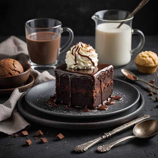 The image shows a square piece of chocolate cake on a black plate with white icing and chocolate drizzle. The cake is topped with whipped cream and chocolate shavings. To the right of the cake, there are two glasses filled with milk - one glass has a handle and the other does not. On the left side of the cake, there is a bowl containing more chocolate shavings. In the background, there is a spoon on the table next to a cupcake.