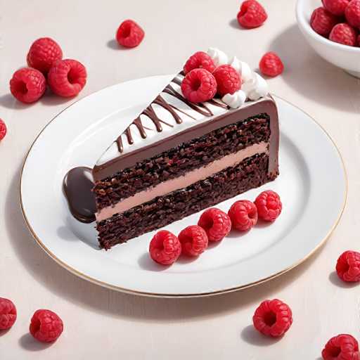 A slice of chocolate cake with white frosting and raspberries on top sits on a white plate against the backdrop of a table covered with scattered red raspberries.