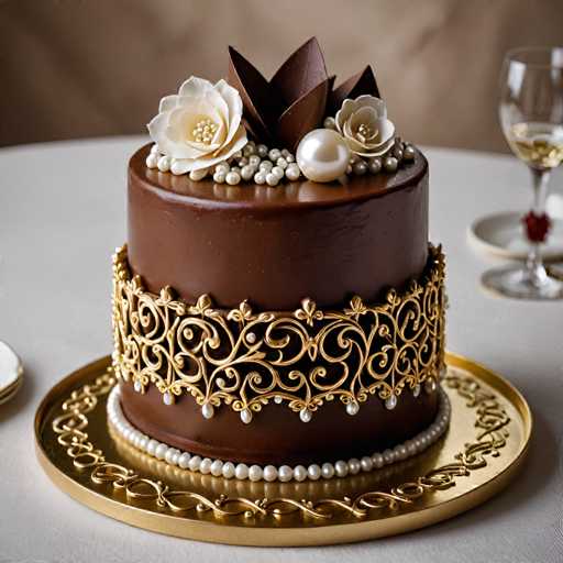 A two-tiered chocolate cake with a gold floral design on the top tier and white pearls on the bottom tier is displayed on a gold platter against a beige tablecloth. A glass of wine is also present in the background.