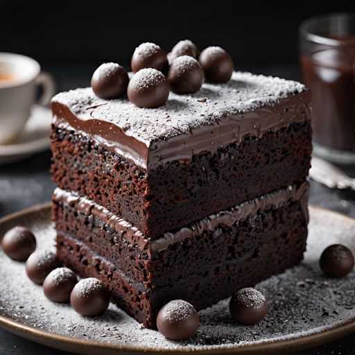 A square chocolate cake with white frosting and chocolate balls on top sits on a plate next to a cup of coffee.