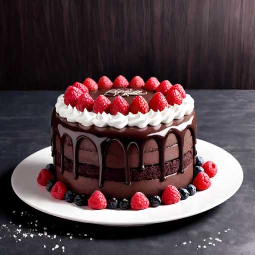 A chocolate cake with white frosting and red raspberries on top sits on a white plate against a dark wooden wall backdrop.
