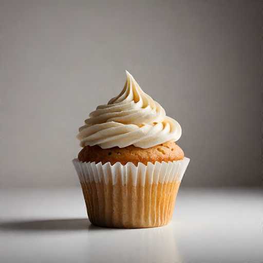 A cupcake with white frosting and a cream puff on top sits on a gray countertop against a plain background.