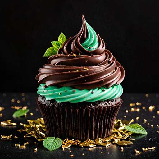 A chocolate cupcake with green frosting and a mint leaf on top sits on a gold foil base against a black background.