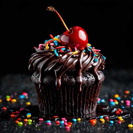 A chocolate cupcake with a red cherry on top and rainbow sprinkles is the main focus of the image. The cupcake has a rich brown color from the dark chocolate frosting and a vibrant red cherry at its center. The background is black, providing a stark contrast that makes the colorful elements stand out. Scattered around the cupcake are small pieces of rainbow sprinkles in various colors.