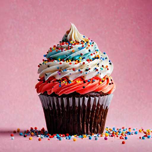 A chocolate cupcake with white frosting and rainbow sprinkles sits on a pink background.
