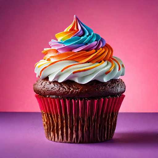 A colorful cupcake with white frosting and rainbow sprinkles sits on a pink tablecloth against a purple background.