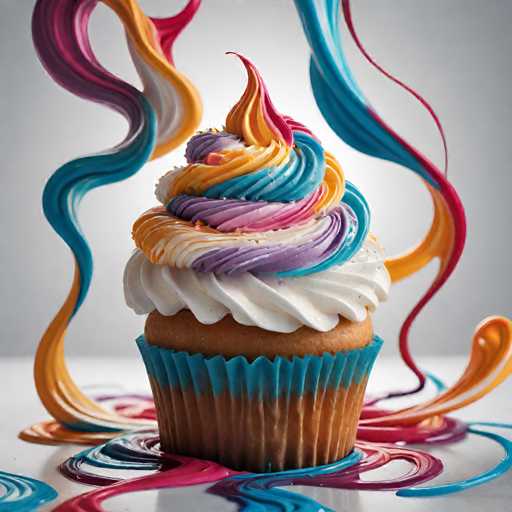 The image shows a cupcake with a swirl pattern on top and a blue wrapper around it. The cupcake is placed on a white surface against a gray background. The colors of the cupcake are purple, pink, yellow, and orange.