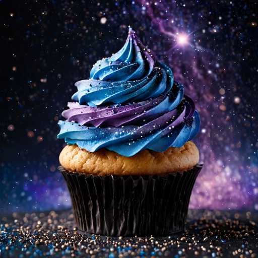 A cupcake with blue frosting and purple swirls sits on a black surface speckled with gold and silver particles against the backdrop of a starry night sky.