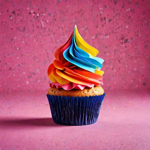 A colorful cupcake with blue icing and rainbow-colored frosting on top sits on a pink background.