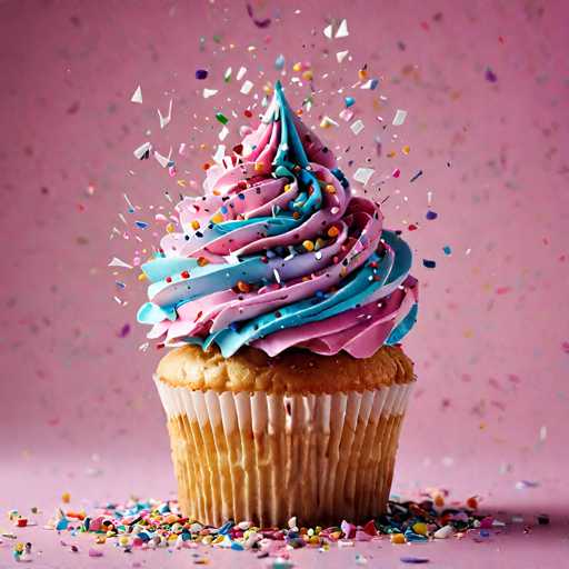 A cupcake with pink and blue frosting on top is surrounded by colorful sprinkles against a pink background.