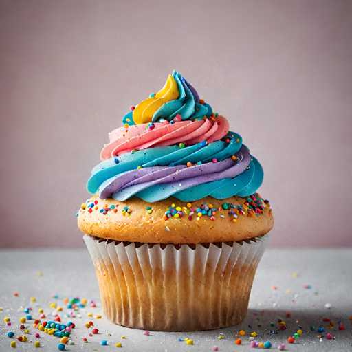 A colorful cupcake with pink frosting and rainbow sprinkles sits on a gray countertop against a light purple background.