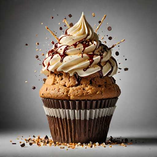 A chocolate cupcake with white frosting and brown sprinkles sits on a gray surface. The cupcake is topped with a large swirl of whipped cream and drizzled with chocolate sauce.