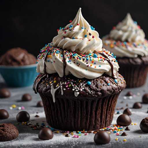 A chocolate cupcake with white frosting and rainbow sprinkles sits on a gray countertop next to two other cupcakes. The background is dark, creating a stark contrast that makes the cupcakes stand out.