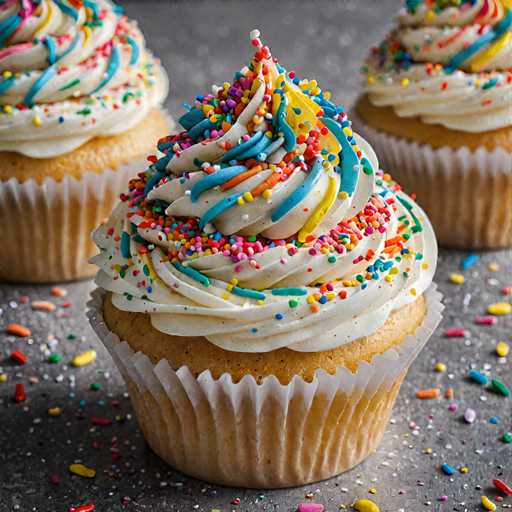 A close-up view of a cupcake with white frosting and rainbow sprinkles on top.