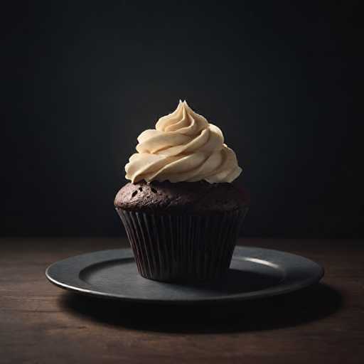 A chocolate cupcake with white frosting sits on a black plate against a dark background.
